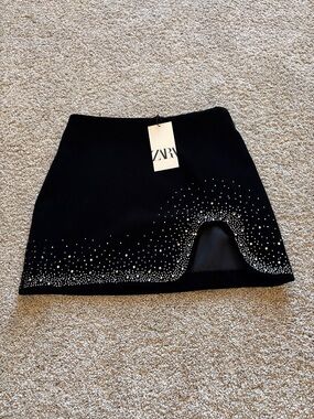 ZARA Black Mini Skirt with Silver Stud Detail velvet material